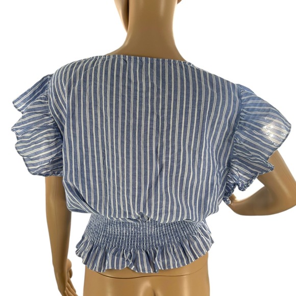 Madewell Smocked Ruffle-Sleeve Top Blue Striped Blouse Women's M Coastal Chic - Picture 7 of 15